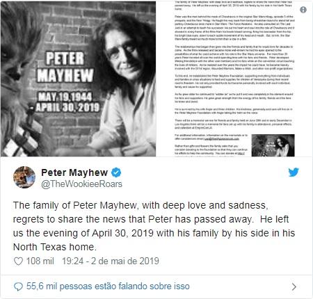 Peter Mayhew, o Chewbacca da trilogia original de Star Wars, morre aos 74 anos