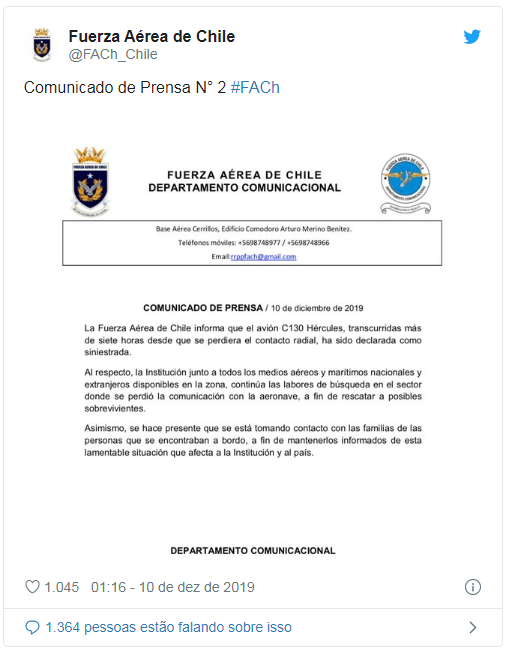 Avião militar chileno desaparece com 38 pessoas a bordo