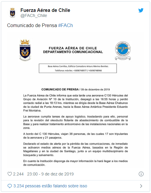 Avião militar chileno desaparece com 38 pessoas a bordo