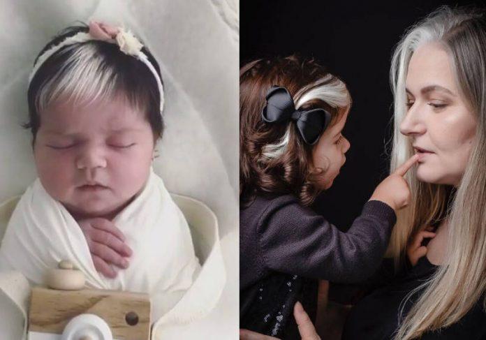 Mãe incentiva filha com mecha branca igual à dela