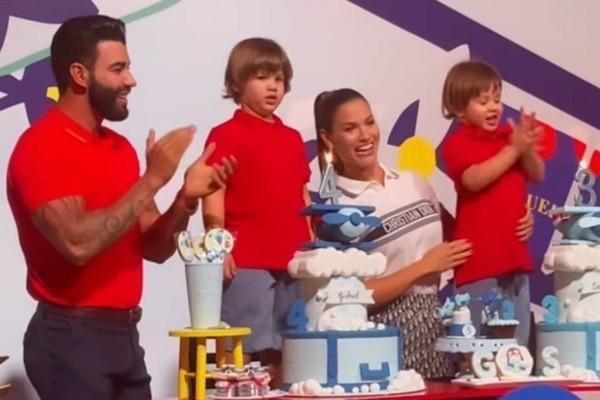 Andressa Suita e Gusttavo Lima se reúnem para comemorar aniversário dos filhos