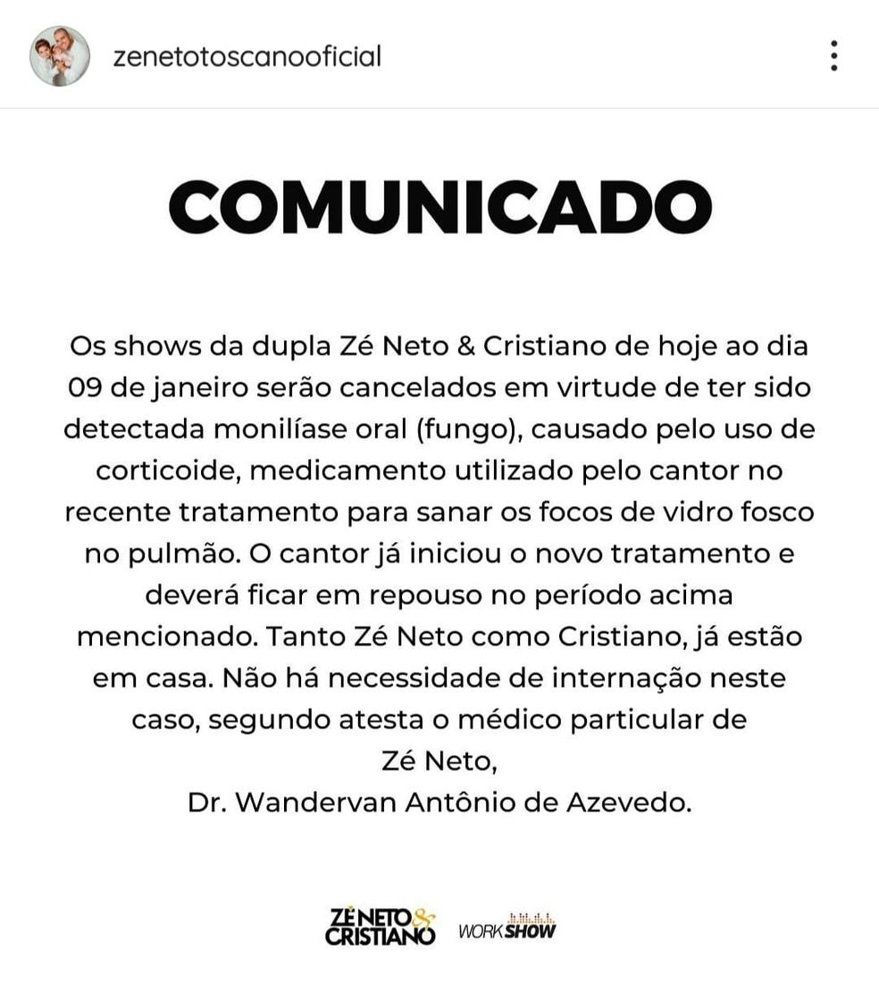 Dupla Zé Neto e Cristiano cancela shows por causa de remédio para tratar doença no pulmão
