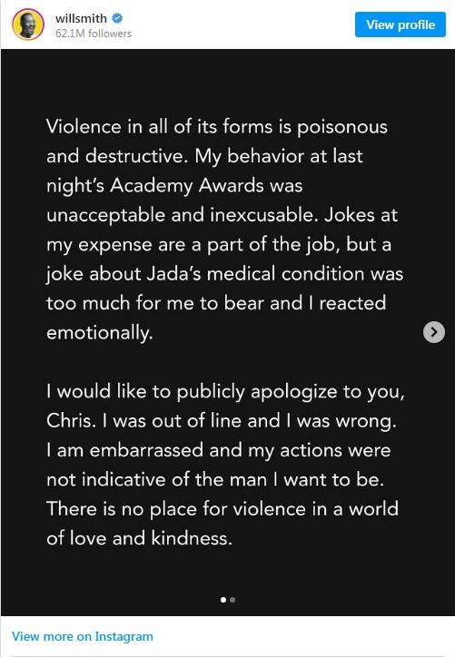 Will Smith classifica sua atitude no Oscar como "inaceitável"