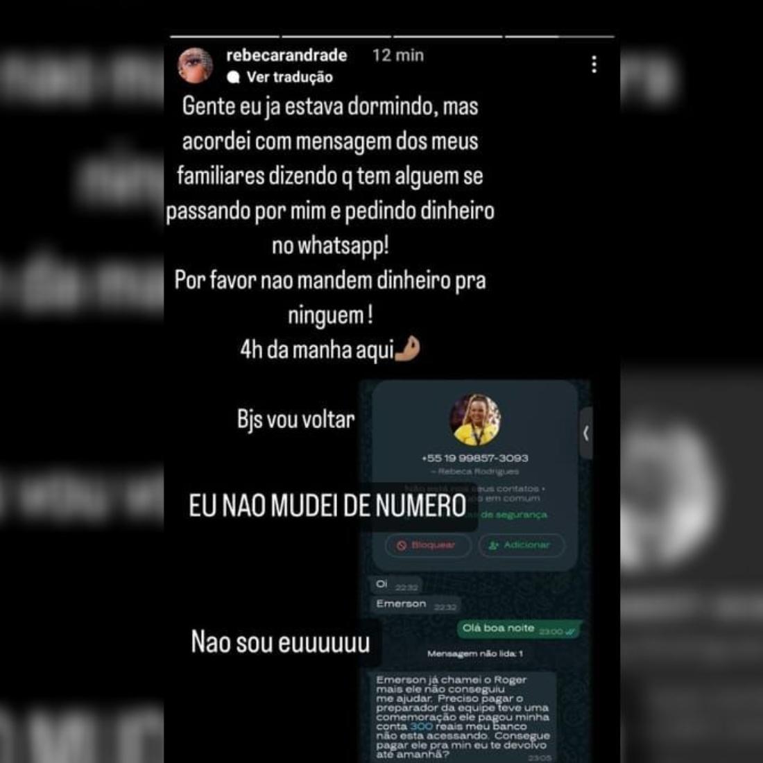 Rebeca Andrade tem WhatsApp clonado: "Não mandem dinheiro para ninguém"